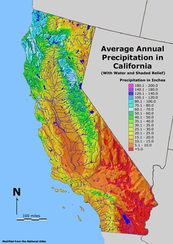 Map of California showing average precipitation throughout the state along with streams on a shaded relief map.