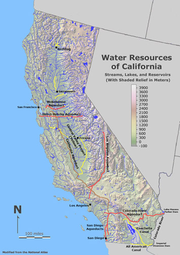 May of California showing majyor rivers and stream and water projects on a shaded relief map.