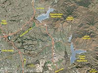 Satellite map of Lower Otay Reservoir and Sweetwater Reservoir near San Diego.