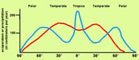 Evaporation and Precipitation curves by latitude