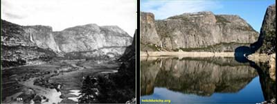 Before and after images of Hetch Hetchy Valley after the constrction o O'Shaughnessy Dam completed in 1923.