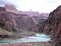 Ancient metamorphic rocks exposed by deep erosion of the Colorado River in the bottom of the Grand Canyon, Arizona.