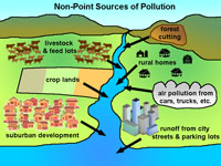 Diagram showing different kinds of non-point pollution sources.