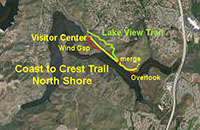 Map showing location of the Wind Gap, Coast To Crest Trail, and Lake View Trail along the lake's North Shore