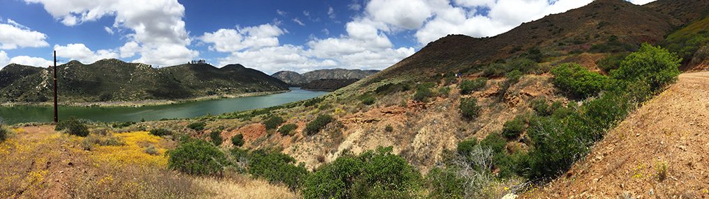 Panoramic view of a ravien along the North Shore Trail near where powerlines cross Lake Hodges.