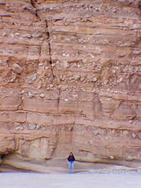Human for scale in front of cliff of stacked conglomerate beds.