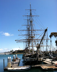 A tall mast sailing ship in Dana Point Harbor.