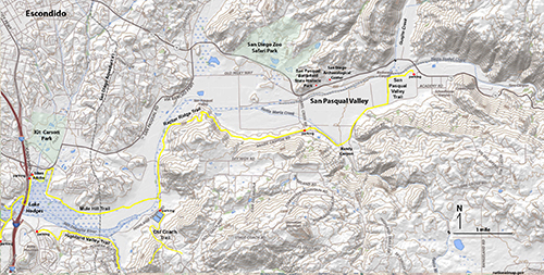 Map of the San Pasqual Valley showing the locations of the Mule Hill Trail, Highland Valley Trail, Old Coach Trail, San Pasqual Valley Trail. Raptor Ridge Trail, San Diego Archeological Center, Kit Carson Park, and San Diego Zoo Safari Park.