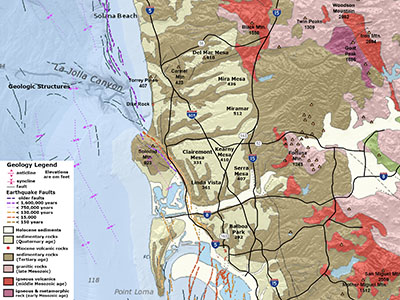 Geologic map of the torrey pines region of San Diego County, California between Solona Beach and Point Loma.