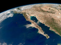 Satellite view of Baja California, Gulf of California, and southern end of the San Andreas Fault system.