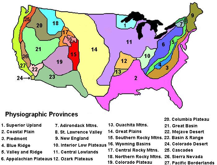 Map of the major physiographic regions of the United States (excluding Alaska and Hawaii).