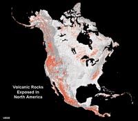 Map showing areas wherevolcanic rocks are exposed in North America.