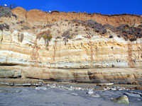 Del Mar Dog Beach sedimentary formations in sea cliff.
