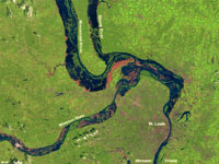 Confluence of the Misouri, Illinois, and Mississippi Rivers near St. Louis as viewed from satellite during floods of 2008.