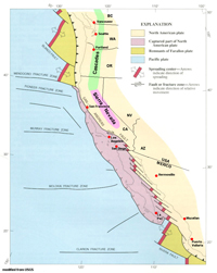 Major plate tectonic features of the West Coast of the Western United States and Mexico. 
