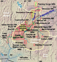Map showing the location of national parks and monuments on the Colorado Plateau.