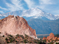 Pennsylvanian Fountain Formation in Garden of the Gods, Pikes Peak in the distance, Colorado. 