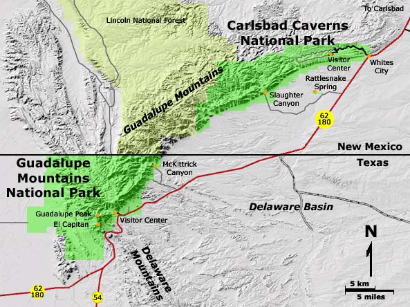 Map of Carlsbad Caverns and Guadalupe Mountains National Parks