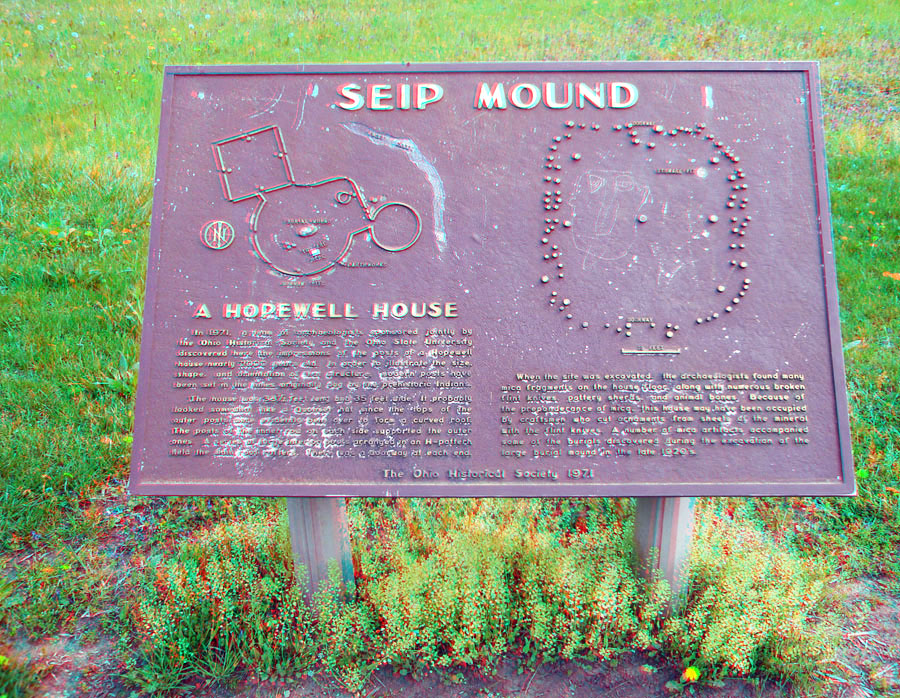View of a park desplay sign describing the ancient Hopewell House at the Seip Mound site.