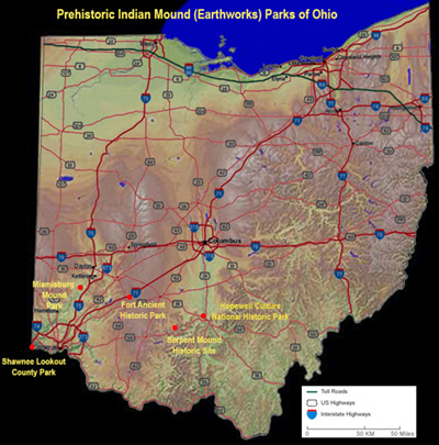 Map showing the location of selected ancestral American Indian heritage sites and parks in Ohio discussed on this website.