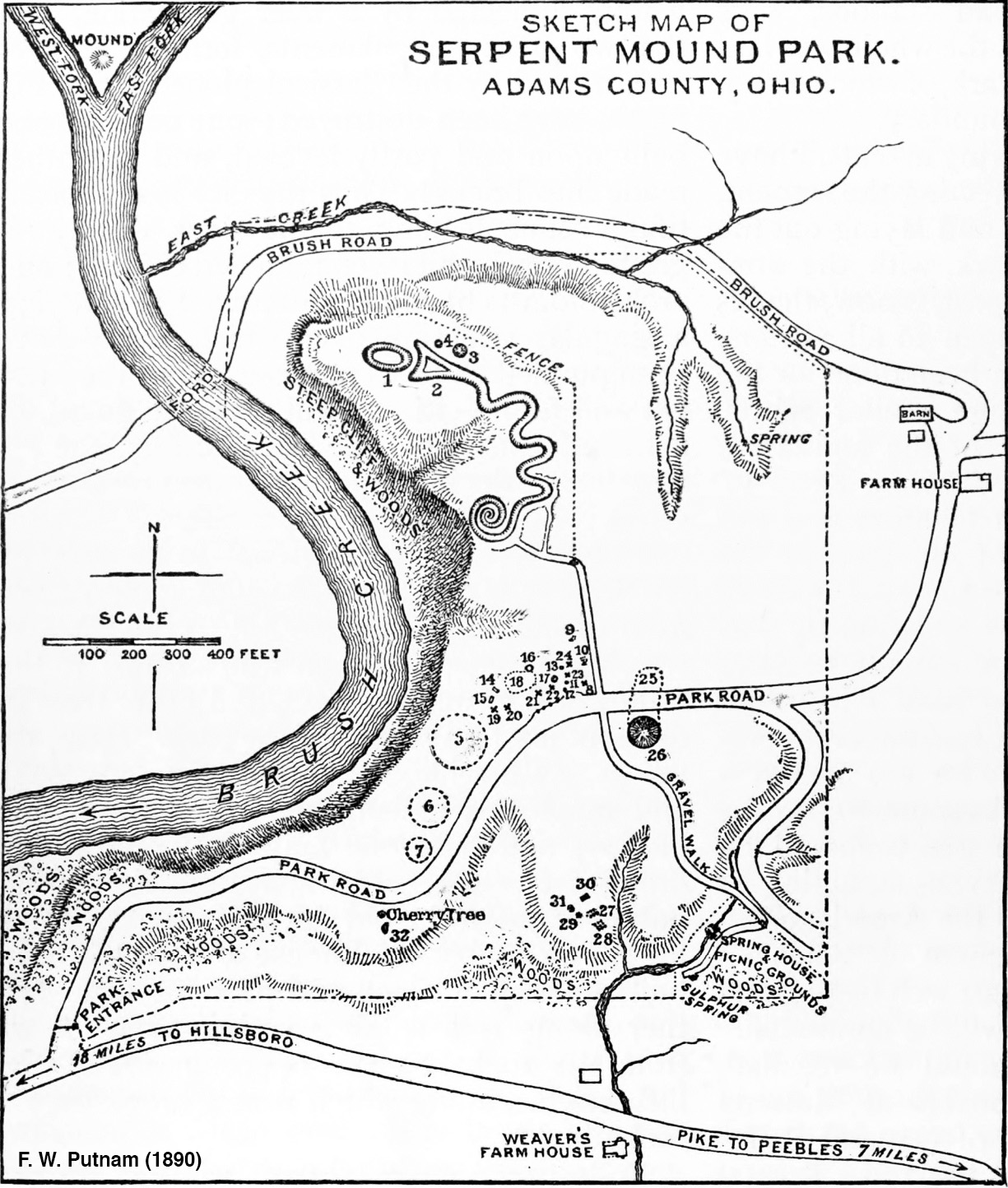 Historic black and white sketch map of Serpent Mound and other Indian mounds in the vicinity.