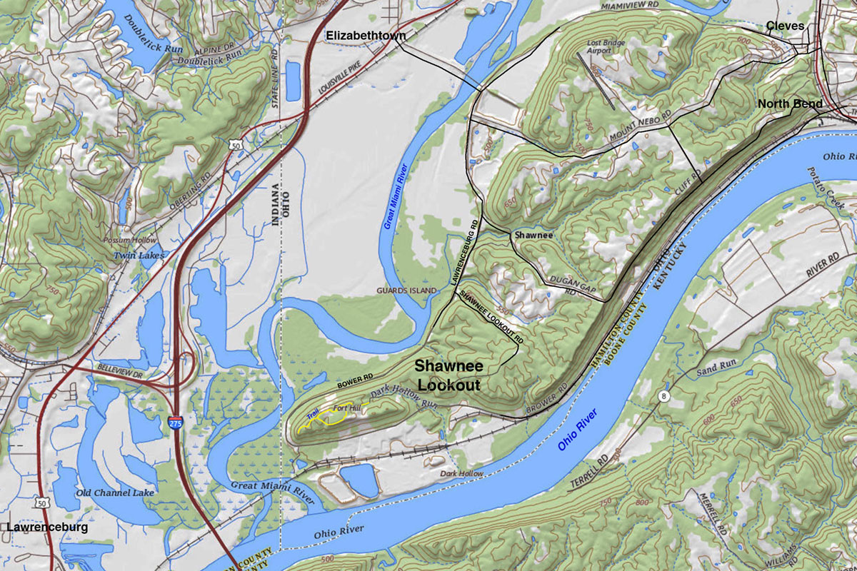 Topographic map of the Shawnee Lookout park near the state border intersection of Ohio, Kentucky, and Indiana.