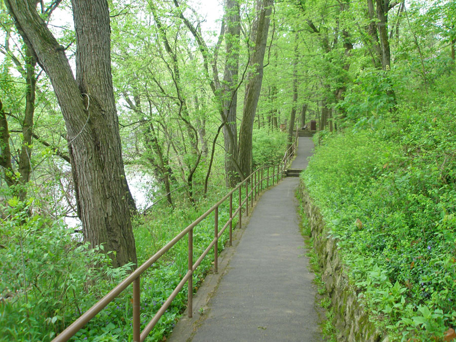 Park path along the forested baks of the Scioto River.