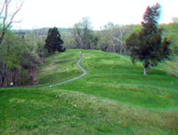View of large sinuous bends of the Great Serpent Mound as visible from the park's observation tower..