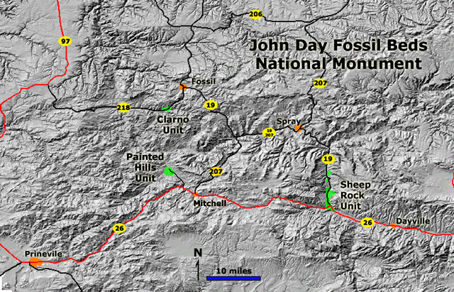 Map of John Day Fossil Beds National Monument, Central Oregon