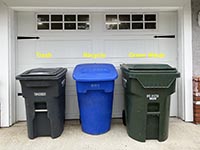 Bin colors for trash (gray), recycle (blue), and green-waste bin (green).