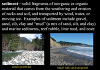 sediment—solid fragments of inorganic or organic material that comes from the weathering and erosion of rocks and soil, and transported by wind, water, or moving ice.  Examples of sediment include gravel, sand, silt, clay and “mud” (a mix of sand, silt, and clay) and marine sediments, reef rubble, lime mud, and ooze.