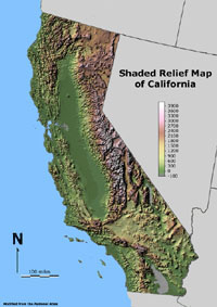 Color shaded relief map of California.