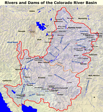 Map of the Colorado River Basin showing locations of rivers and dams