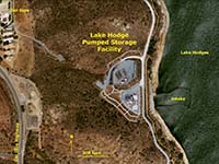 Aerial view of the Lake Hodges Pumped Storage Facility on the shore of Lake Hodges.