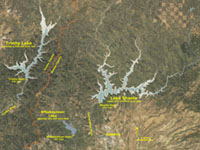 Map showing Lake Shasta and Trinity Lake reservoirs, 1st and 3 largest reservoirs in California