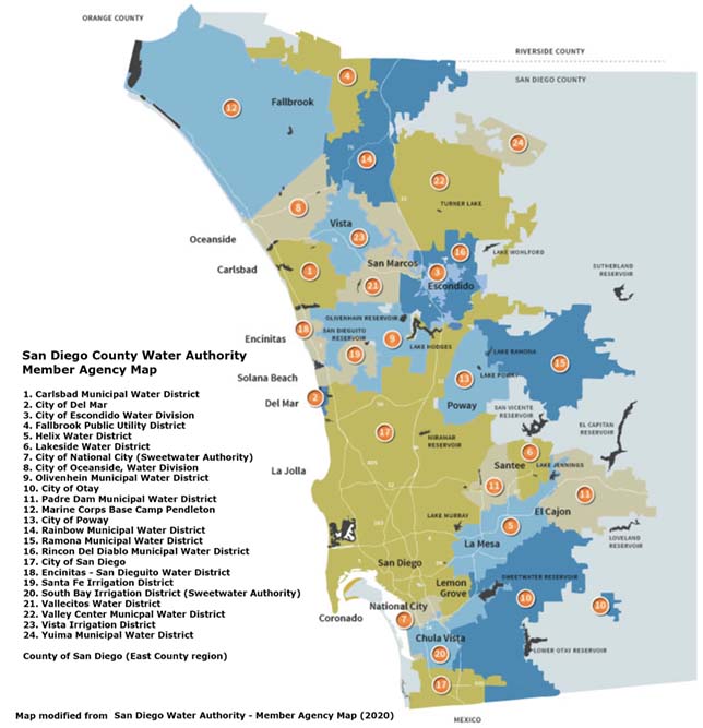 Map showing the location of 24 water districts in San Diego County.