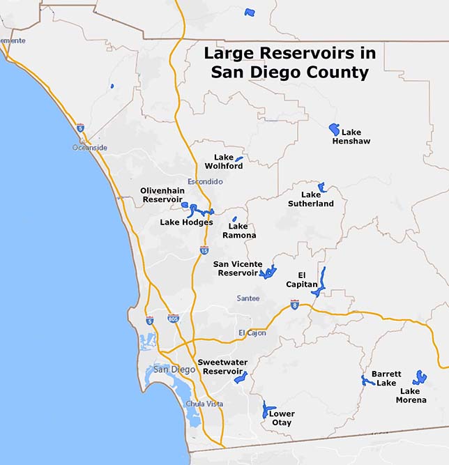 Map showing the location of the 12 largest reservoirs in San Diego County.