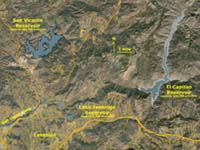 Satellite map of San Vicente and El Capitan Reservoirs, San Diego County's largest reservoirs.