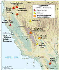 USGS California Volcano Observatory map showing the location of the most potentially active hazard areas associated with volcanoes and volcanic activity.