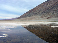 Badwater, the lowest elevation in Death Valley, is located along the range-front fault of the Fueneral Mountains.