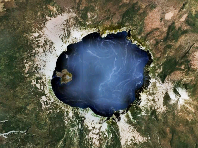 Crater Lake in Oregon is a small caldera relative to the massive scale of the one in Yellowstone.