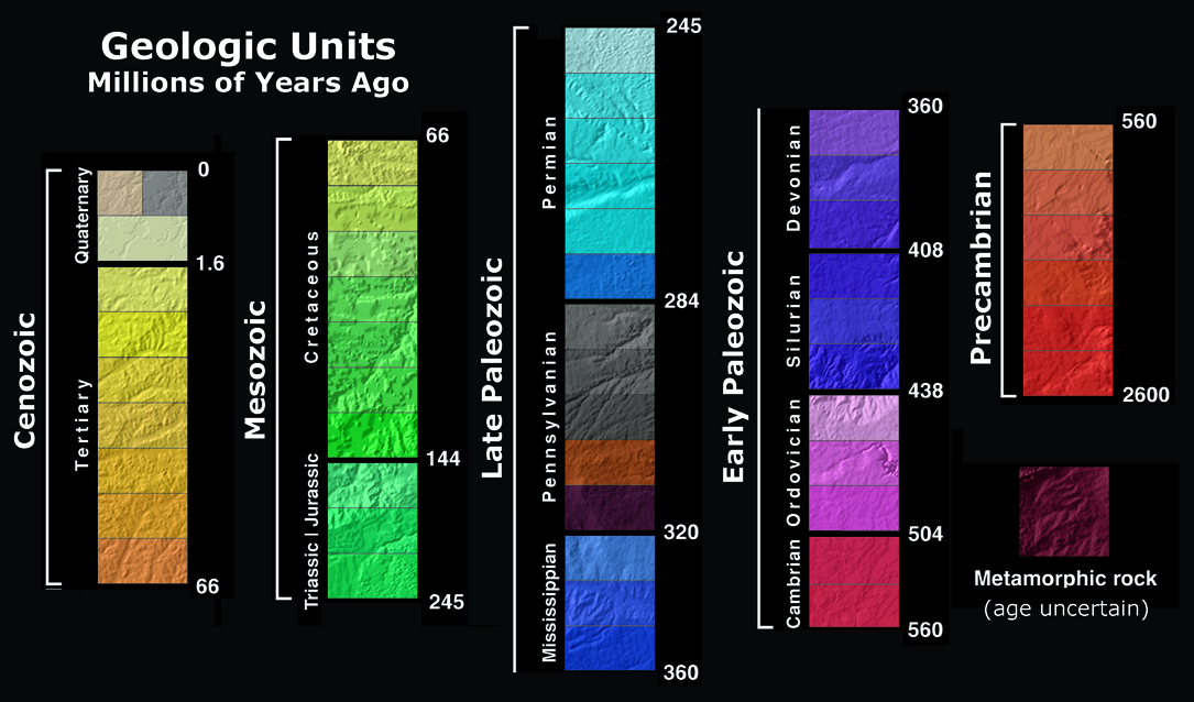 Geologic age units associated with the geologic map of the United States.