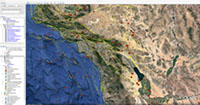 Example of a Google Earth view of the southern California region with a KMLs layer showing the location of mapped faults, earthquakes, and volcanoes.