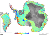 Satellite image showing location of rapid glacier melting in Antarctica and Greenland.