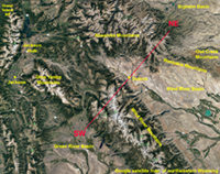 Satellite image map showing location of a cross section in northwestern Wyoming.
