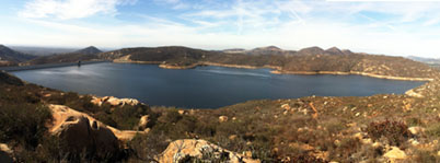 Olivenhein Reservoir in mountain valley above Lake Hodges. Water is pumped up to the reservoir and the released to generate electricity during peak demand periods.