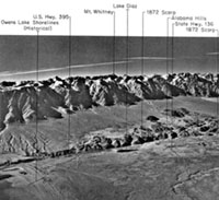 Aerial view showing the Owens Valley Fault scarp along the eastern side of the Sierra Nevada Mountains.