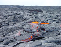An active pahoehoe lava flow in Hawaii Volcanoes National Park.