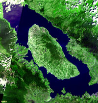The Toba Caldera in satellite view. Located in Sumatra, it  erupted about 75,000 years ago and may have severely impacted life on Earth.