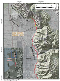 Map of the range-front fault along the western side of the Wasatch Mountains in Ogden, Utah.